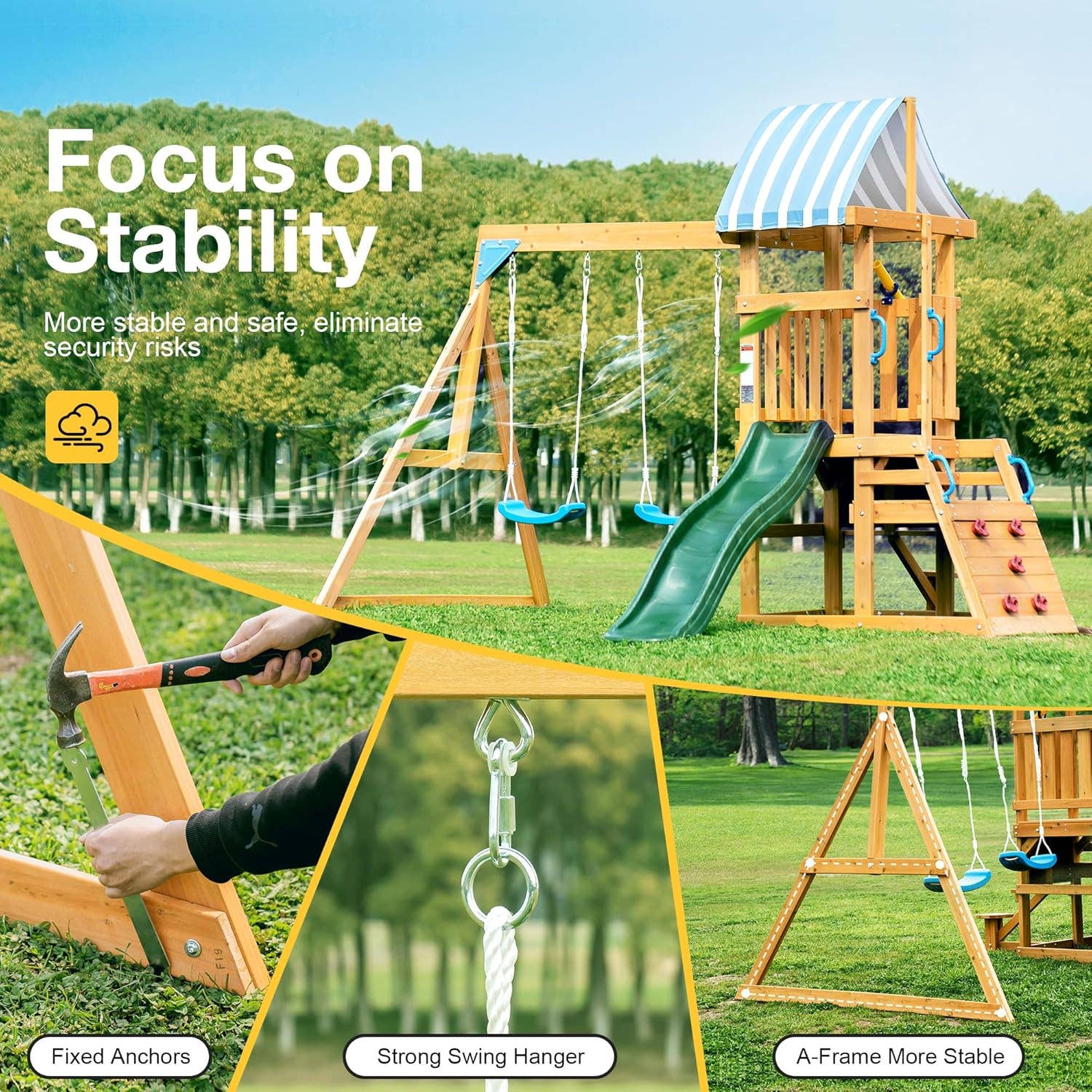 Robud & Mewoofun Official Store - Wholesale Swing Set - ROBUD Outdoor Wooden Swing Set with Two Swings for Backyard6
