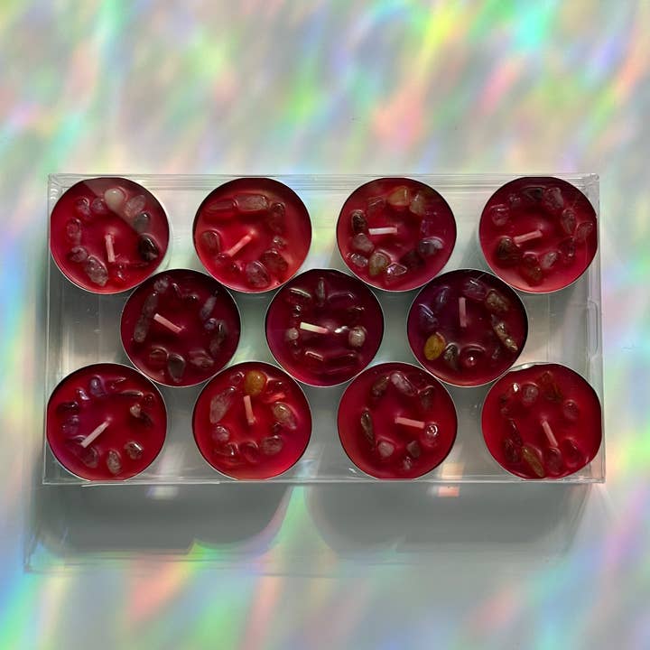 Crystal Infused Tea Light Candles | Raspberry + Strawberry S for wholesale by Midwest Apothecary