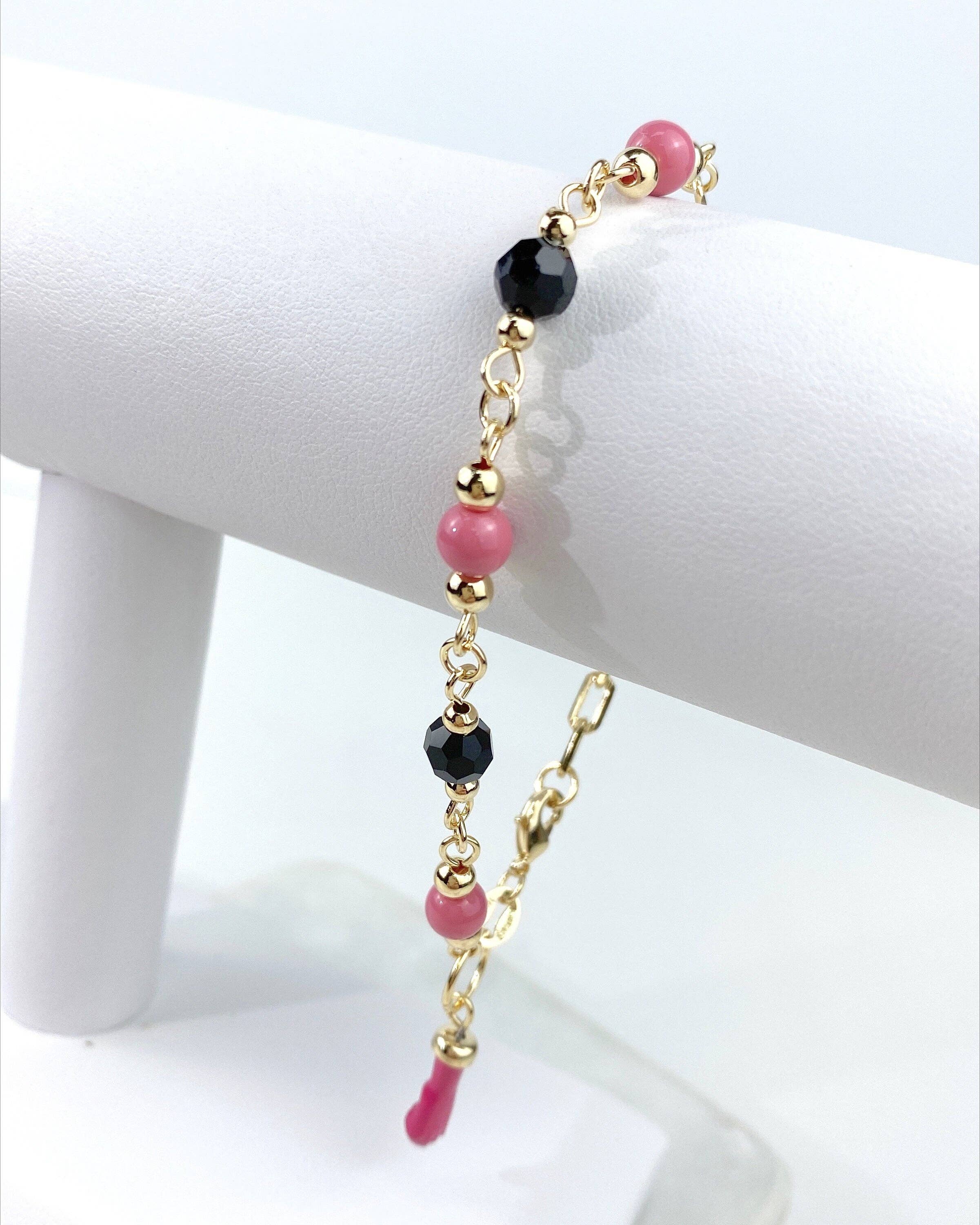 Luxus Accessories - Wholesale Charm/Dangle Bracelet - 18k Gold Filled PaperClip Pink Beads Figa Hand Charm Bracelet3