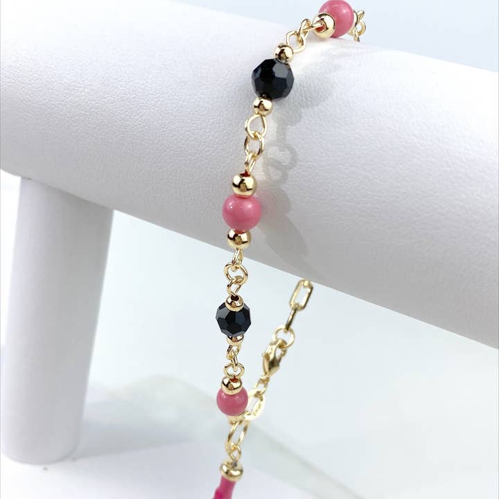 Luxus Accessories - Wholesale Charm/Dangle Bracelet - 18k Gold Filled PaperClip Pink Beads Figa Hand Charm Bracelet3