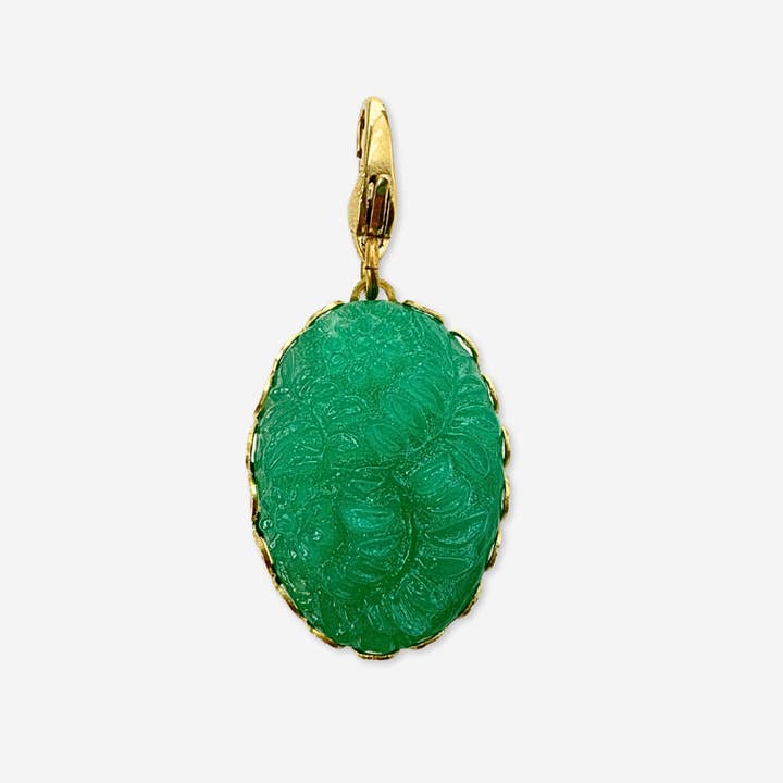 Vintage molded green glass jade oval charm for wholesale by Lulu’s Petals