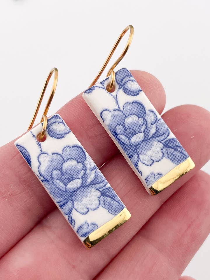 Blue China Wide Rectangle Dangle earrings with gold tips for wholesale by Clay Blanca