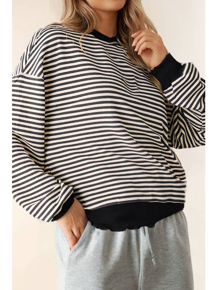 LA Society - Wholesale Knit Top - Women's - Stripe Loose Drop Shoulder Long Sleeve Top