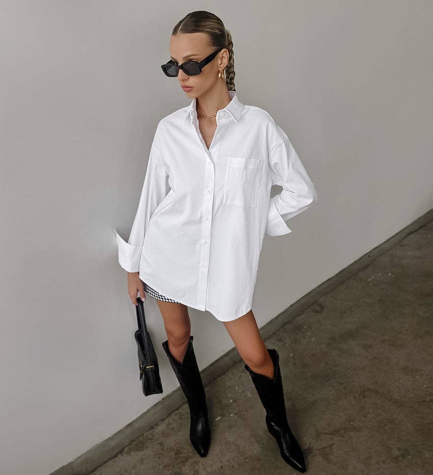 Weiss Weißes Hemd mit Reverskragen und Knopfleiste, Oversize Passform, Modell CY0533 für den Großhandel auf Faire4
