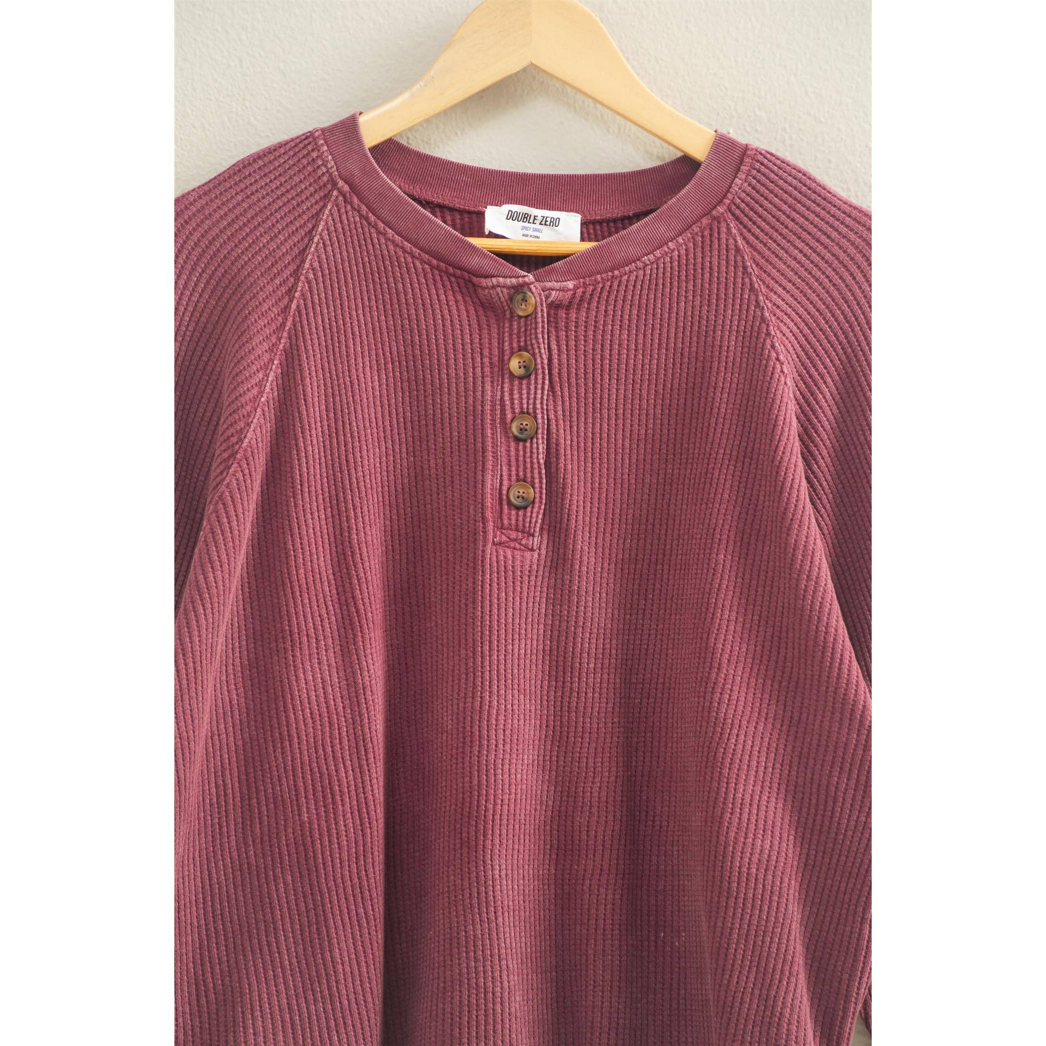 Double Zero - Wholesale Sweatshirt - Women's - Mineral Washed Henley Waffle Raglan Sleeve Top10