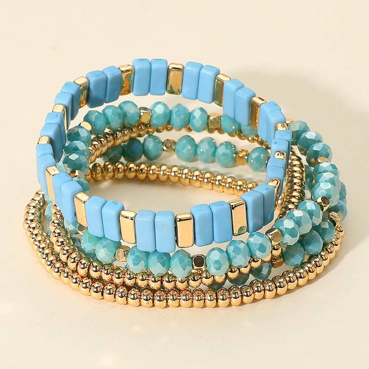 Sensibling Corp. - Wholesale Jewelry Set - 5PCS - Mixed Shape Textured Beaded Stretch Multi Layered Bracelets12