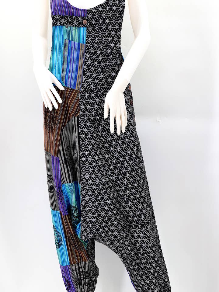 Salopette bohémien in cotone, stile hippie, fatta a mano, con stampa patchwork con motivo floreale della vita per la vendita all'ingrosso da parte di Himalaya Handmade