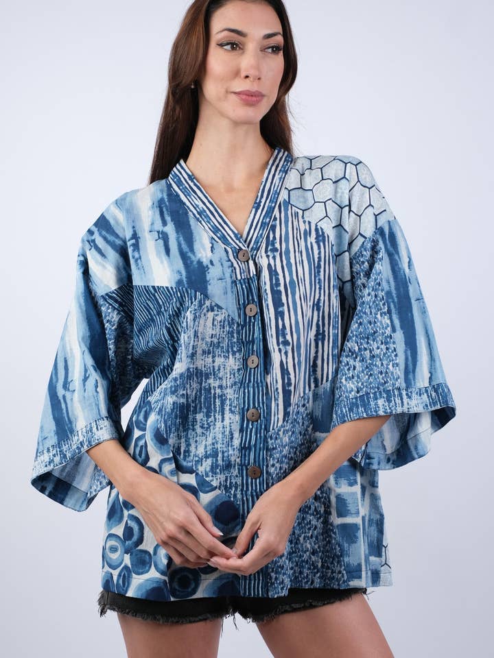 Sapphire Ocean Patchwork Breezy Kimono Top for wholesale by Sacred Threads