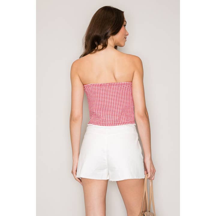 Popular 21 - Wholesale Knit Top - Women's - Gingham Seersucker Tube Top with Seamed Detail and Crochet T6