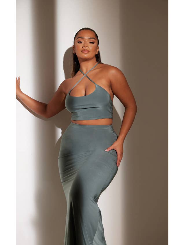 Shape Sea Green Slinky Cross Strap Crop Top for wholesale on Faire1