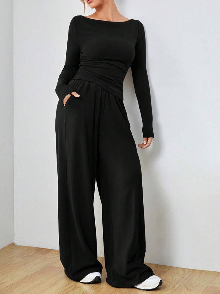 safistyle - Wholesale Lounge Set - Women's - Fitted Long-Sleeve Top and Wide-Leg Pants Set7