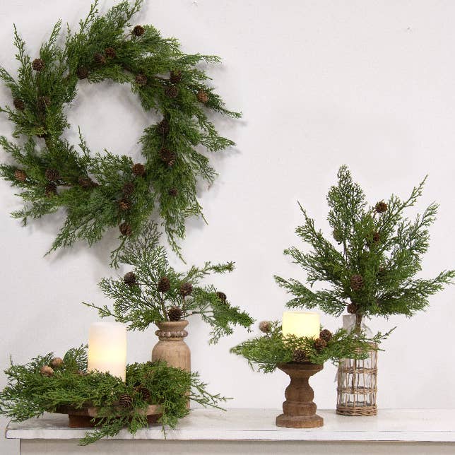 Saybrook Lane - Wholesale Wreath - Western Cedar & Pinecone Candle Ring, 6.5"