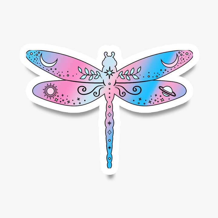 Trans Pride Dragonfly sticker for wholesale by Prickly Cactus Collage