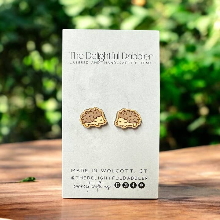 Hedge Hog Wood Stud Earrings for wholesale by The Delightful Dabbler LLC