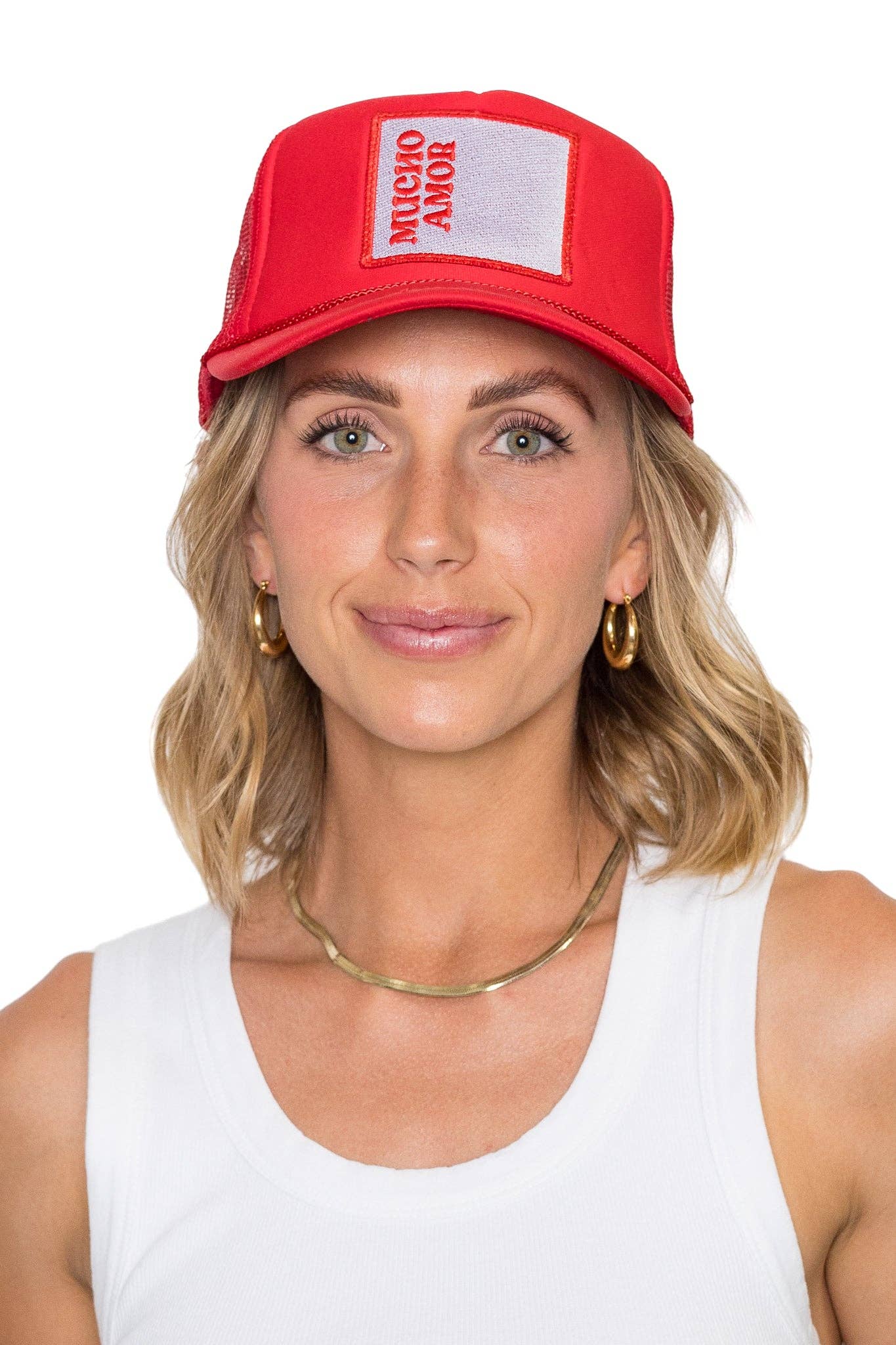 Mucho Amor Trucker Hat in Red for wholesale on Faire2