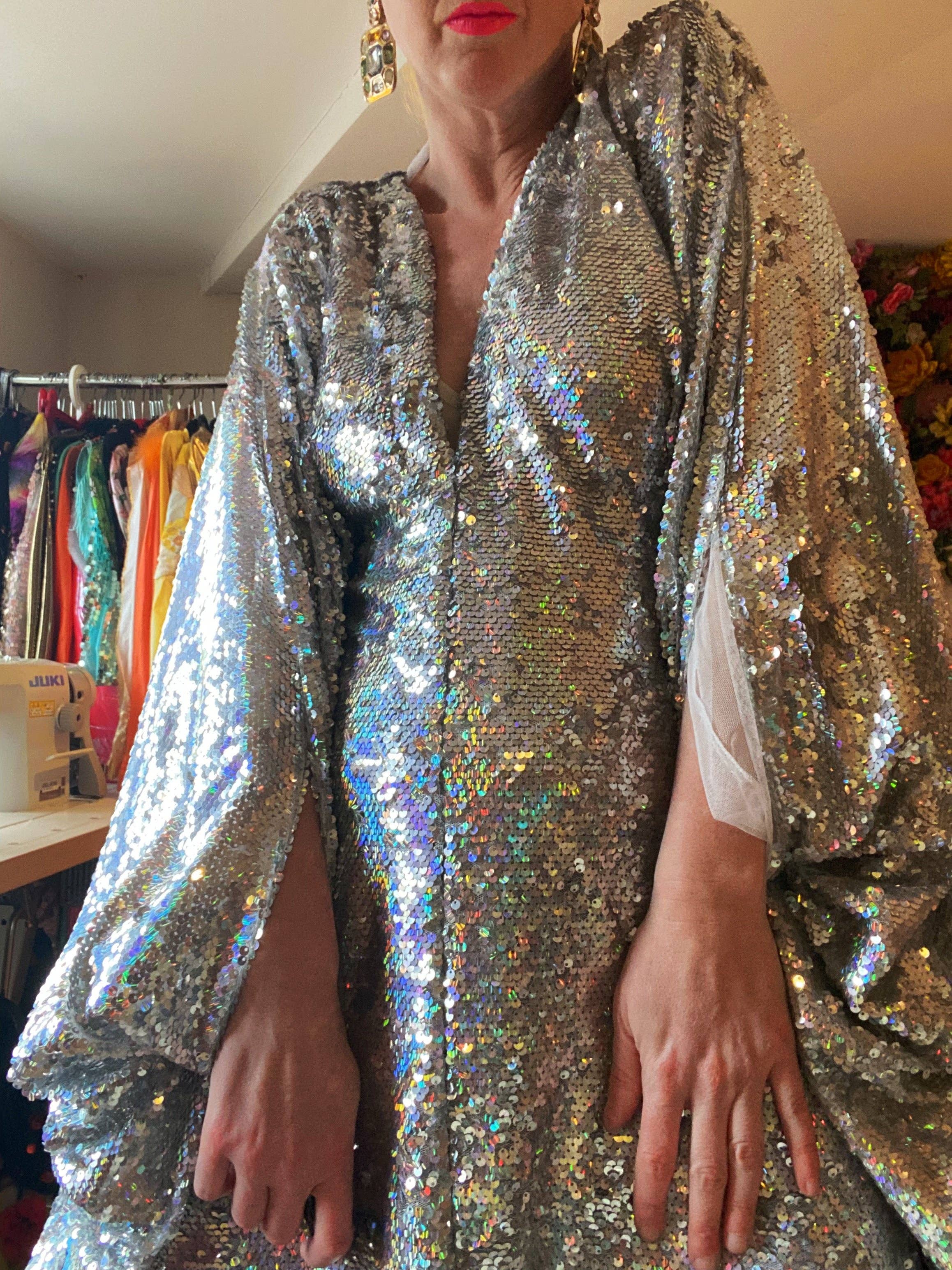 Fumbalinas – wholesale Kaftan – Women's – Silver Metallic Holographic/  Sequin Kaftan Gown / Dress19