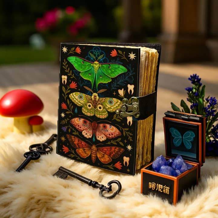 MNM HANDICRAFTS - Wholesale Journal/Diary - Handmade Leather Journal with Lock Colorful Moth and Floral