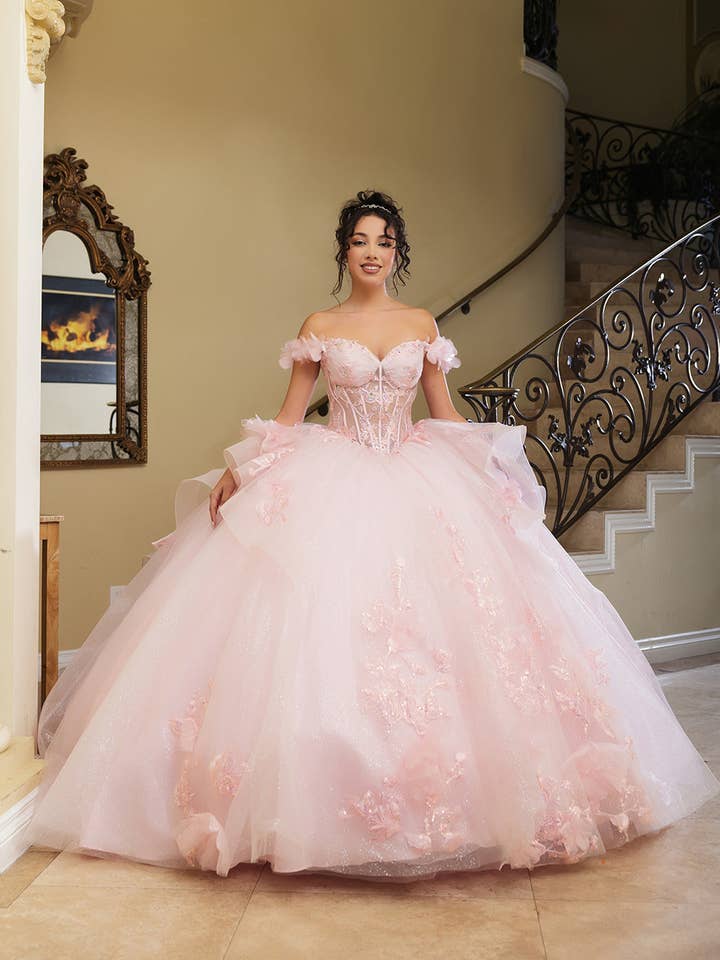 LA270 Off-Shoulder Floral Applique Ball Gown with Glitter for wholesale by LA Merchandise