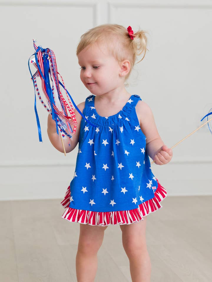 RuffleButts + RuggedButts - Wholesale Top & Short Set - Baby - Baby Girls Stars & Stripes Knit Swing Top and Bloomer Set