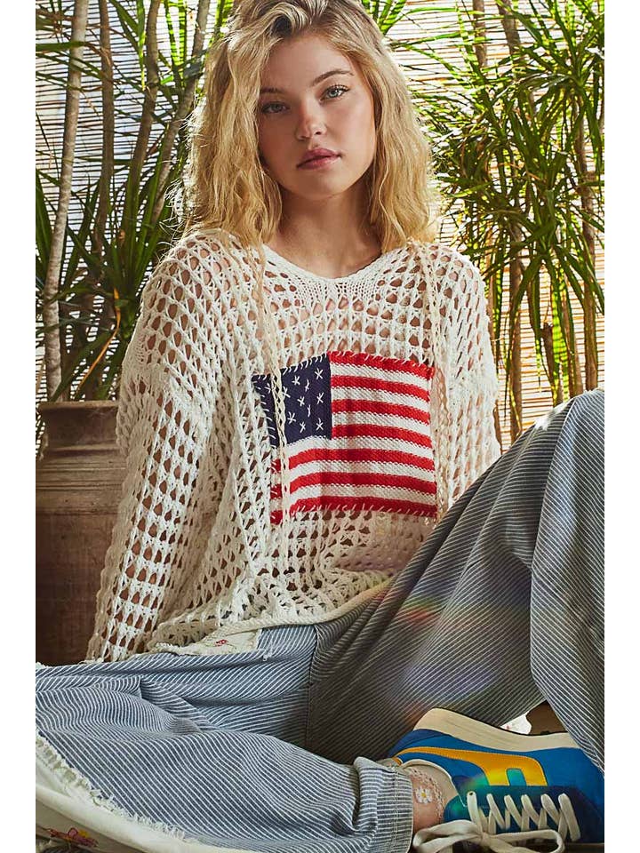Pol Clothing - Wholesale Knit Top - Women's - Long sleeve American flag hoodie thin sweater top SALE