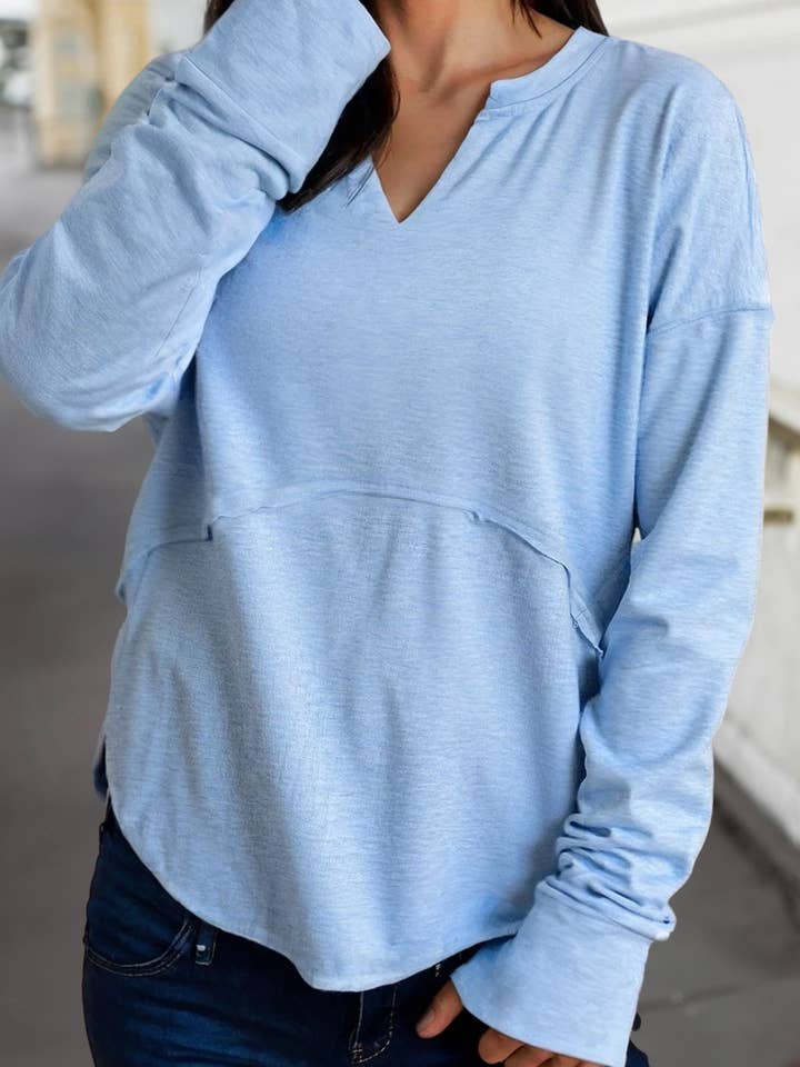 Casual Solid V Neck Raw Hem Long Sleeve Top | S-XL for wholesale by Aapparella