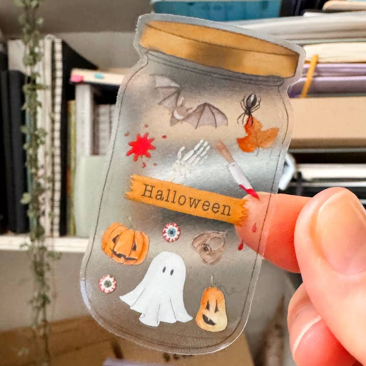 The Curious Cactus - Wholesale Sticker - Jar of Halloween Clear Sticker1