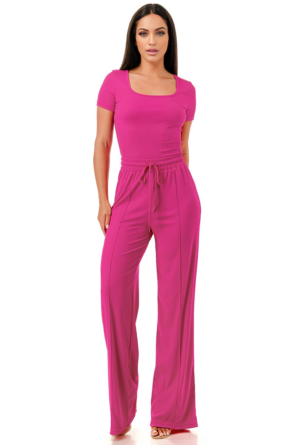 Color 5 - Wholesale Top & Pant Set (NOT Loungewear) - Women's - Slinky short sleeve body suit with flare pants fashion set14