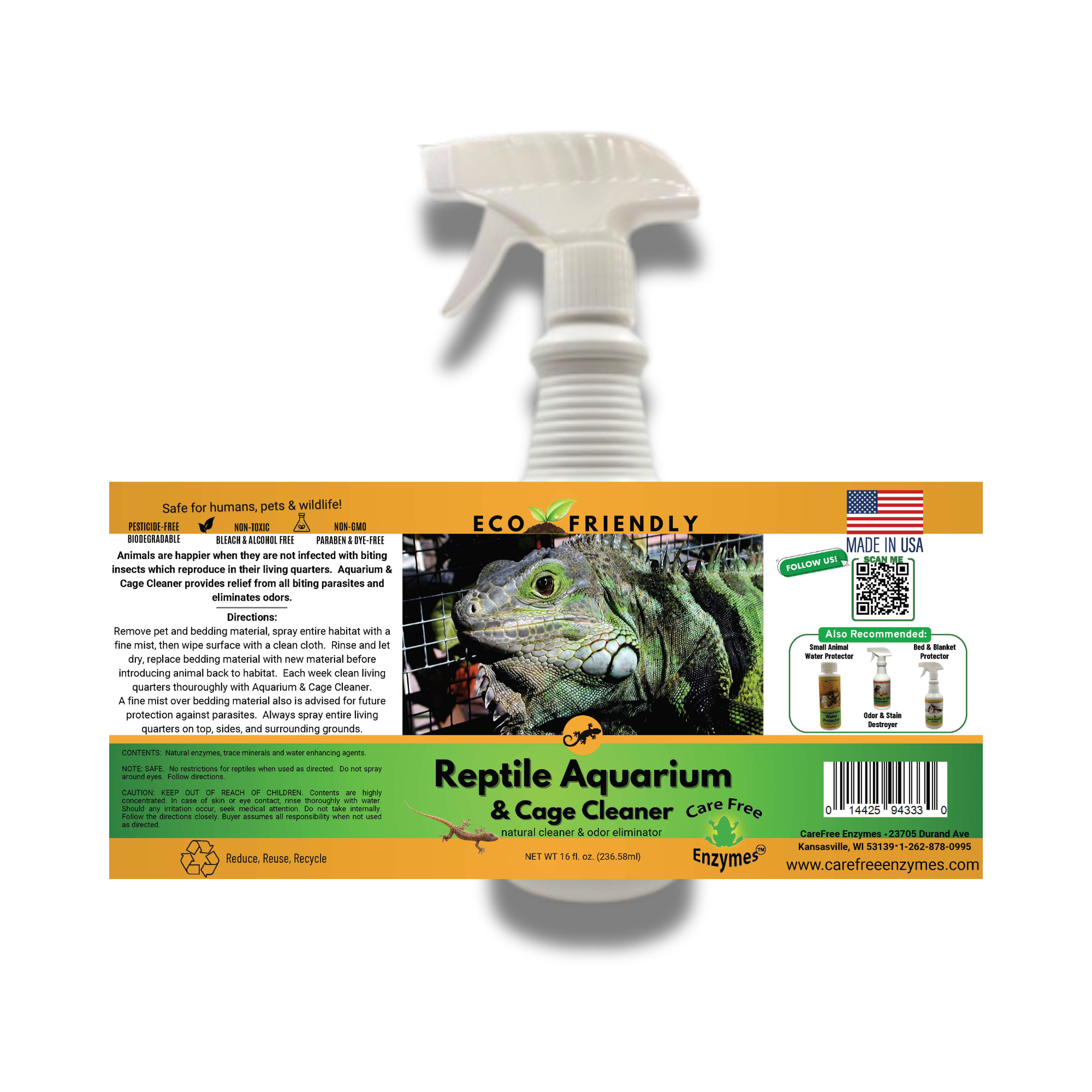 Carefree Enzymes - Wholesale Pet Cleaning Supplies - Reptile Habitat & Terrarium Cleaner | Safe for All Reptiles & Amphibians | 16 oz1