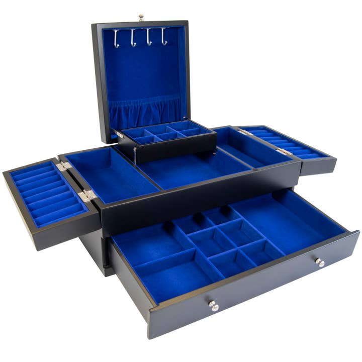 Boîte à bijoux à triple couvercle Everly de Mele and Co en bois, noire pour la vente par Mele and Co