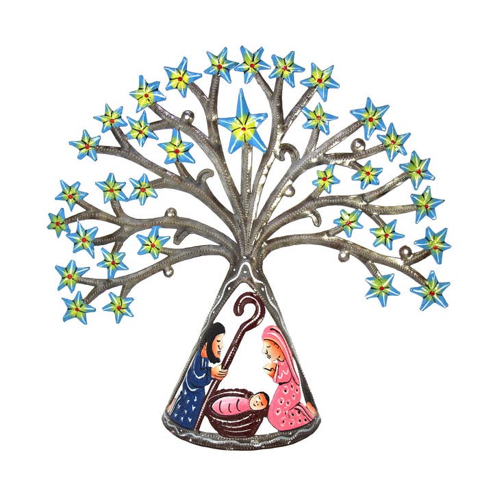 Haitisk Metal Drum Bordplade Fødselskirken med blå stjerner for engroshandel hos Global Crafts