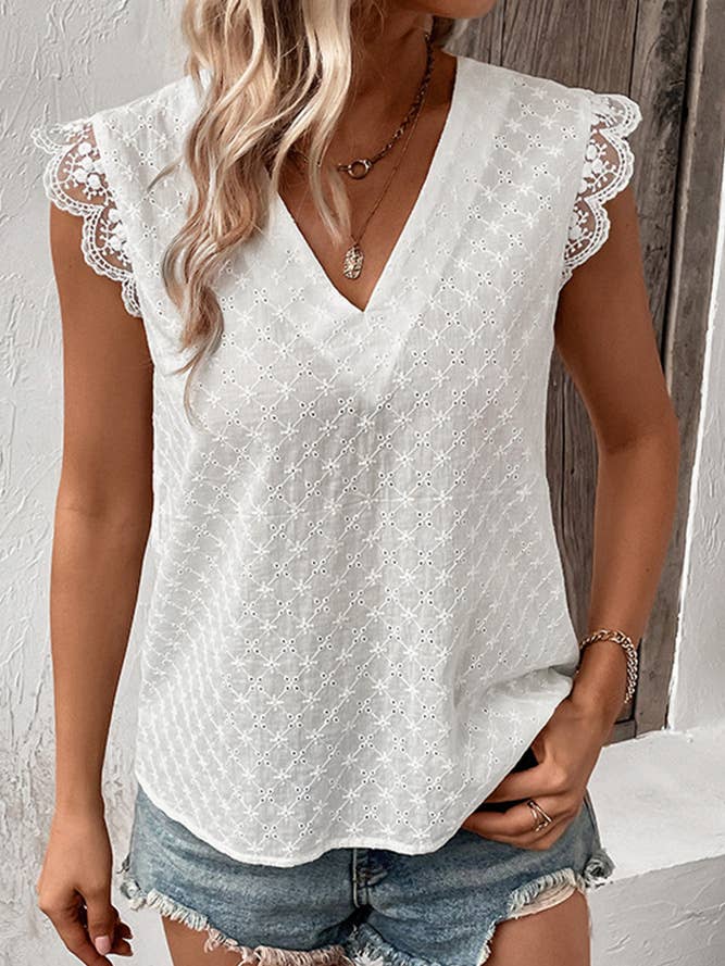 White Lace Crochet Eyelet Ruffle Top BFZY547 for wholesale by UNISHE