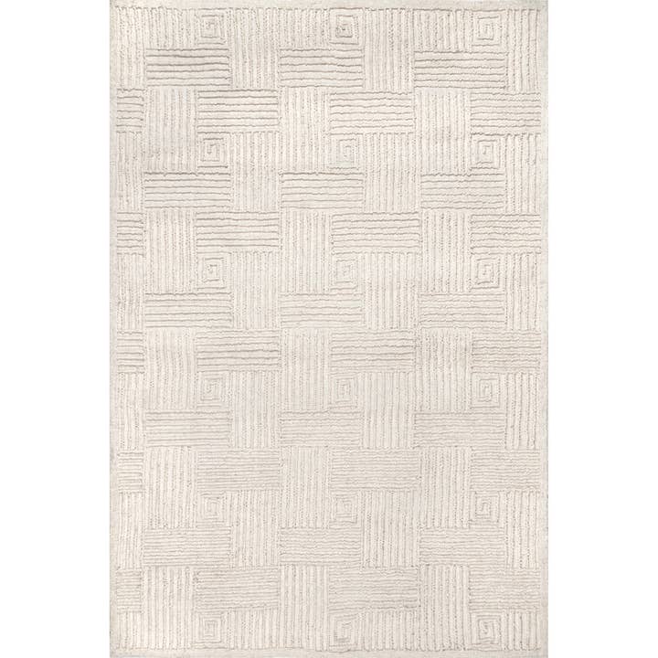 Ivory Mallory Hooked Wool Geometric High Low Textured Area Rug for wholesale on Faire