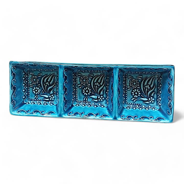 Ceramic Snack Dish with 3 Compartments – Iznik, Blue – 25x8cm for wholesale by Bascuda