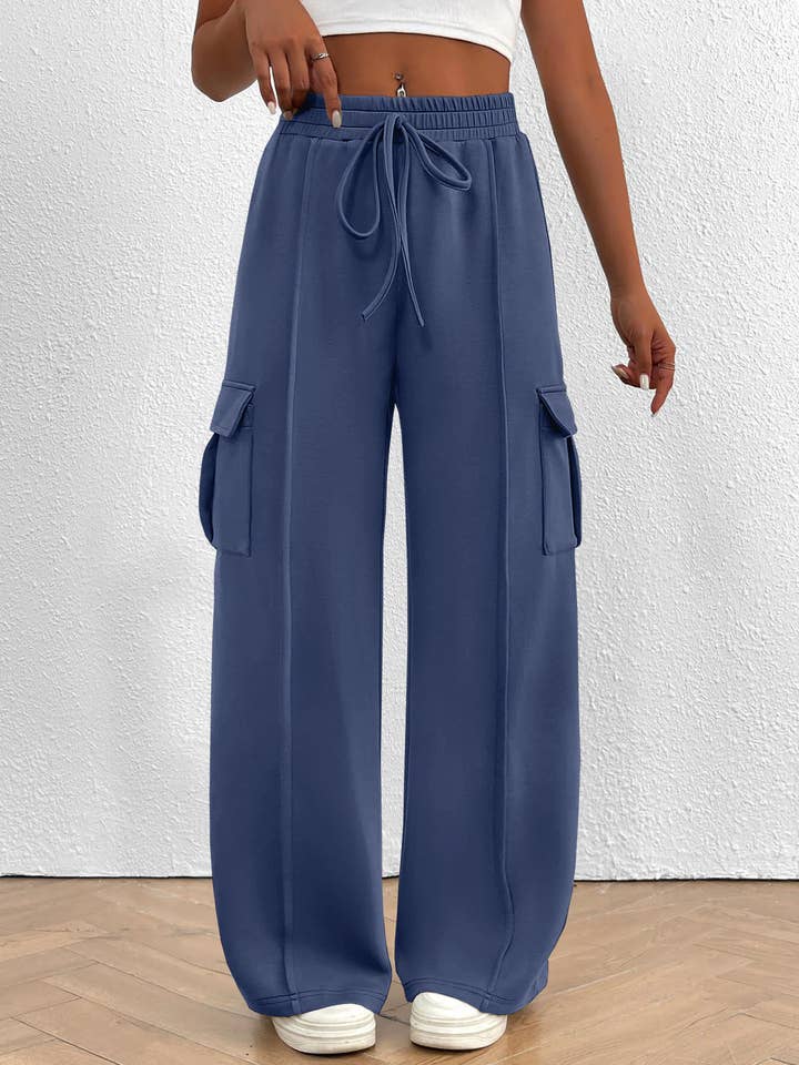 Rosa Clothing - Wholesale Pants - Women's - Casual Loose Fit Cargo Pants Drawstring Waist Wide Leg Pants2