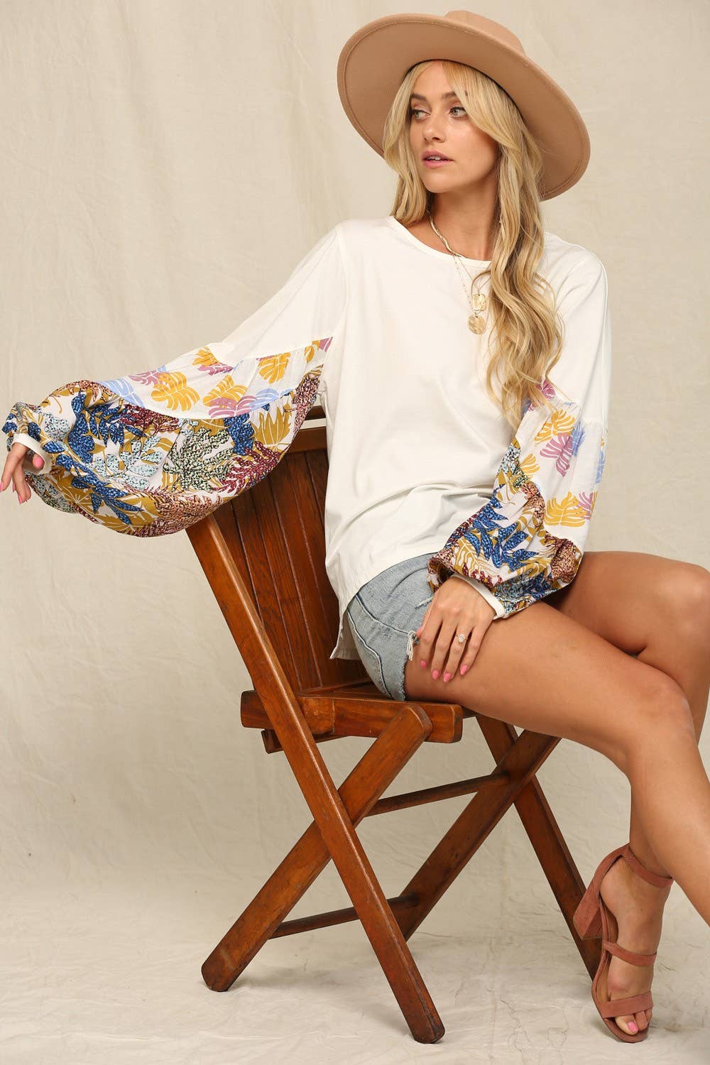 Off White Botanic Color Printed Bishop Sleeves Top for wholesale on Faire1