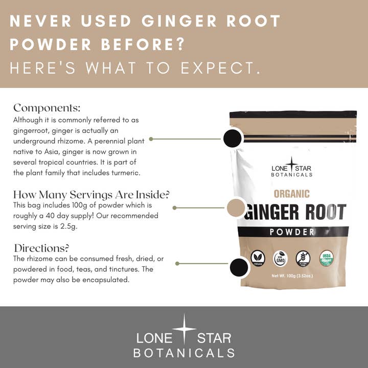 Lone Star Botanicals - Wholesale Protein/Superfood Powder - Organic Ginger Root Powder -- 3.52 oz4