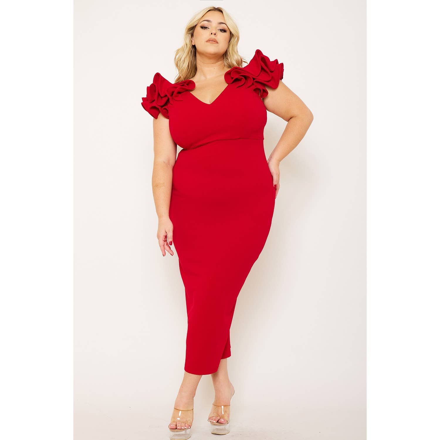 omgstyles - Wholesale Dress - Women's - PLUS SIZE RUFFLE DETAILSHOULDER MIDI DRESS4