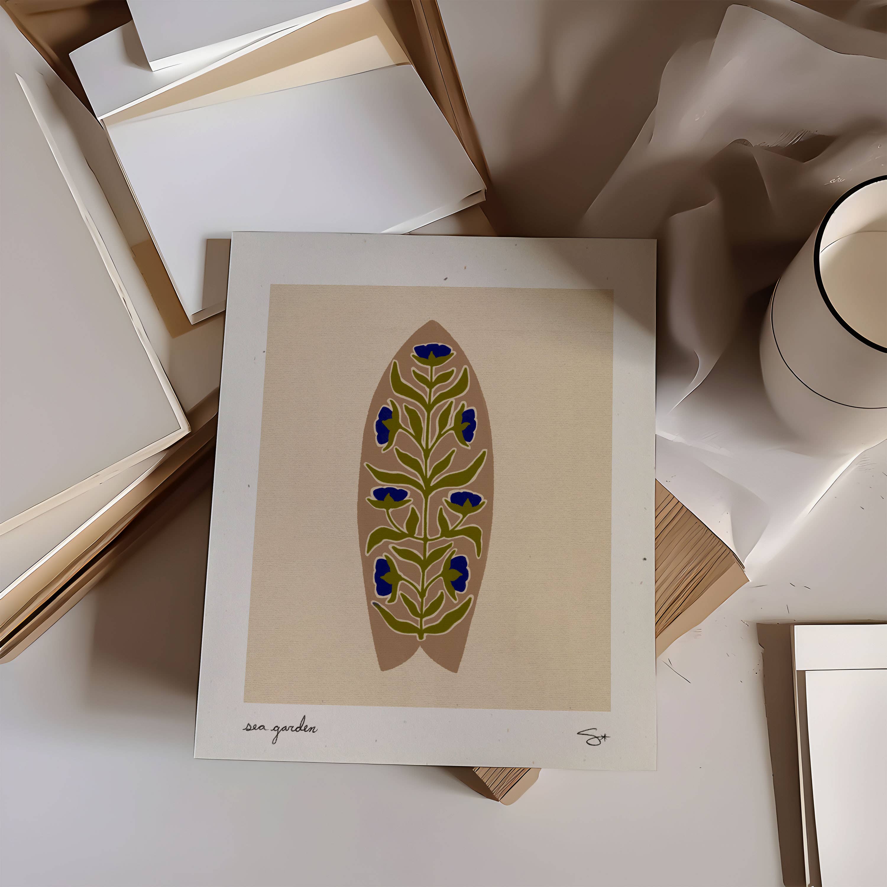 Mid Tide Design - Vendita all'ingrosso Stampa artistica - Giardino Marino Beige | Stampa Tavola da Surf1