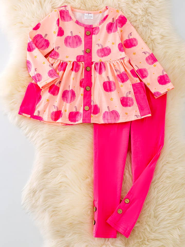 🍁OFG41509 JEAN: PUMPKIN PRINTED ON TUNIC WITH POCKETS for wholesale by Kids Charm Online