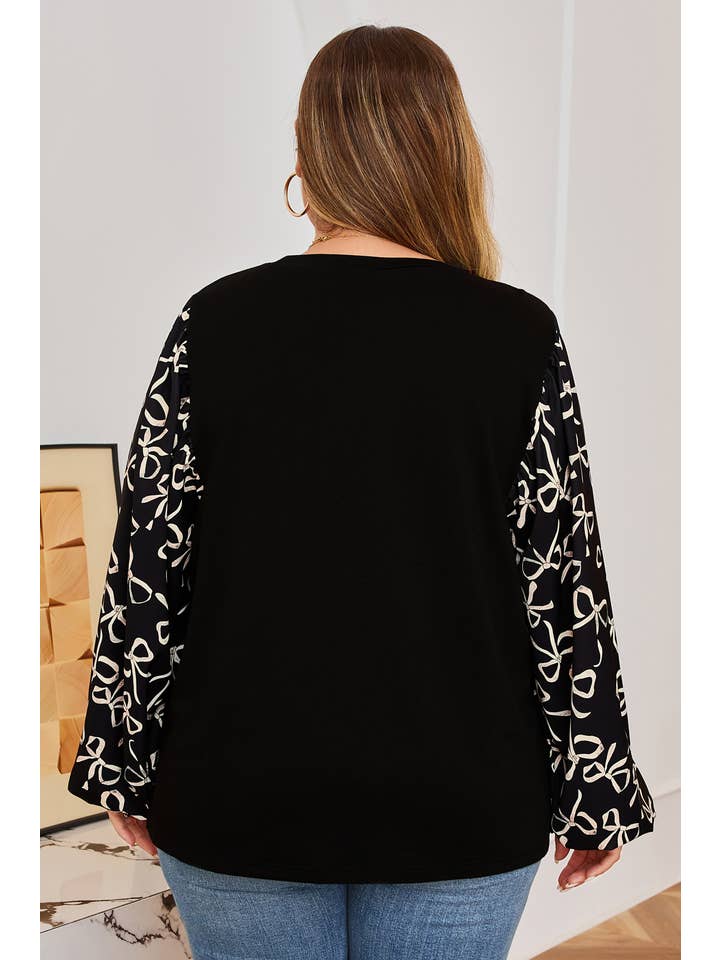 Nero Blusa a maniche lunghe con fiocco patchwork taglie forti in vendita all'ingrosso su Faire1