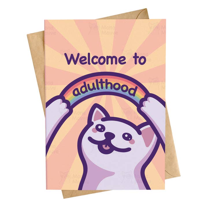 Benvenuto nell'età adulta! | Divertente biglietto per il 18° compleanno per la vendita all'ingrosso da parte di Mona Mauve • Silly Art!