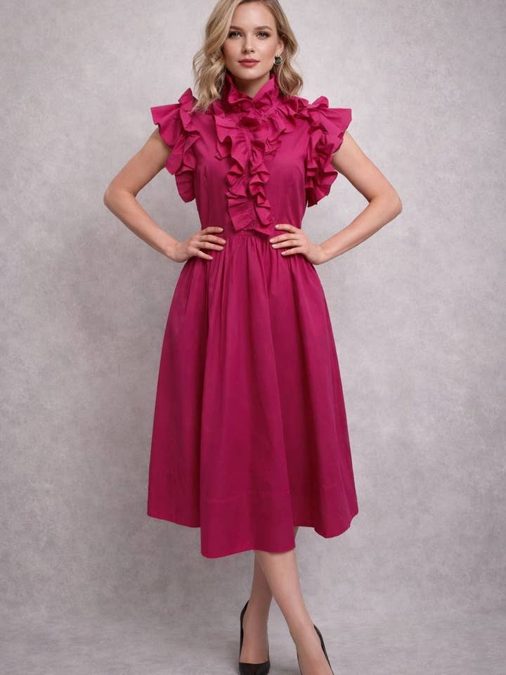 A95053 CHIC RUFFLE-TRIM MIDI DRESS for wholesale by N by Nancy