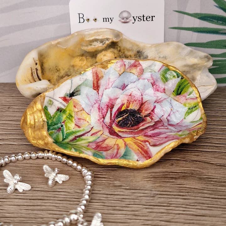 Water Lily Pink Flower Oyster Shell Trinket Dish for wholesale by Bee my Oyster
