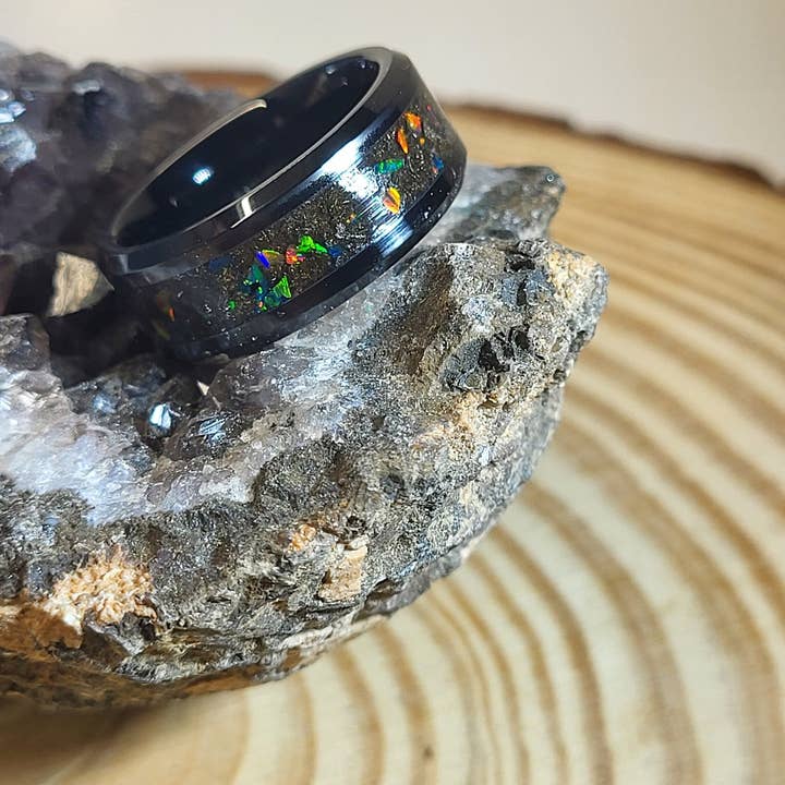 Ceramic Ring with Dragon Scale & Meteorite Dust Opals for wholesale by Natural Evolution Design