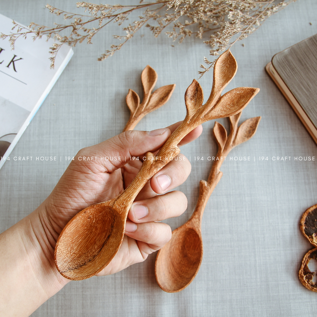 194 Craft House - Wholesale Serving Utensil - Artisan Leaf Handle Wooden Spoon - Kitchen Serving Utensils2