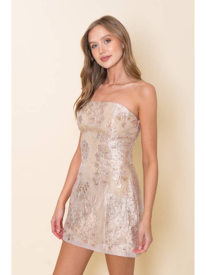 BLUSH W GOLD JACQUARD STRAPLESS BODYCON MINI DRESS-DI10520FO for wholesale on Faire3