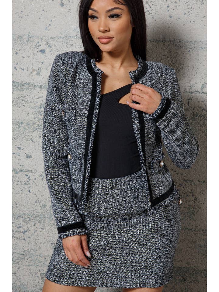 BLACK CREAM METALLIC Tweed Button Jacket & Skirt set for wholesale on Faire3