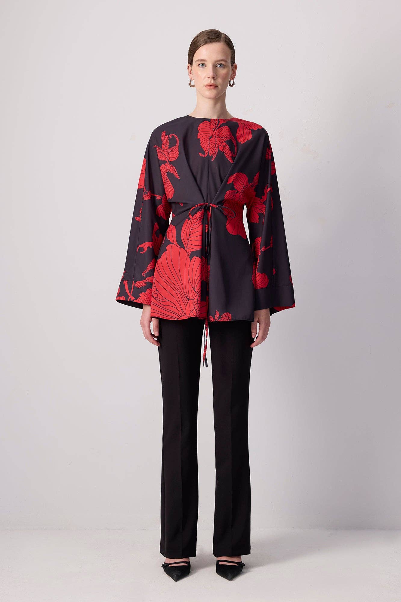 Black Red Floral Kimono Sleeve Tunic with Waist Tie for wholesale on Faire1