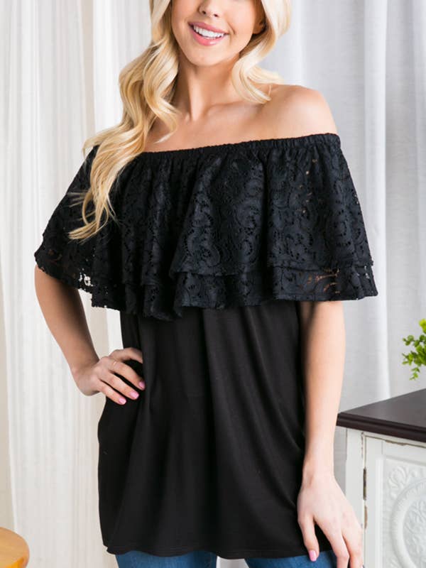 SHORT SLEEVE OFF SHOULDER SOLID TOP WITH LACE for wholesale by Pink Irene Wholesale