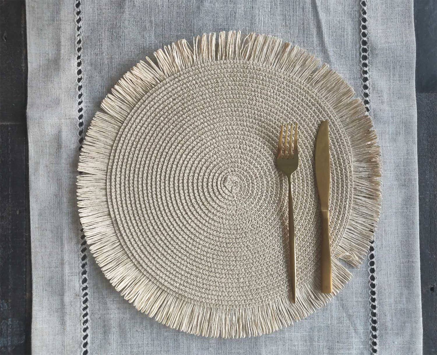 Fennco Styles - Wholesale Placemat - Handwoven Fringe Boho 15" Round Placemat0
